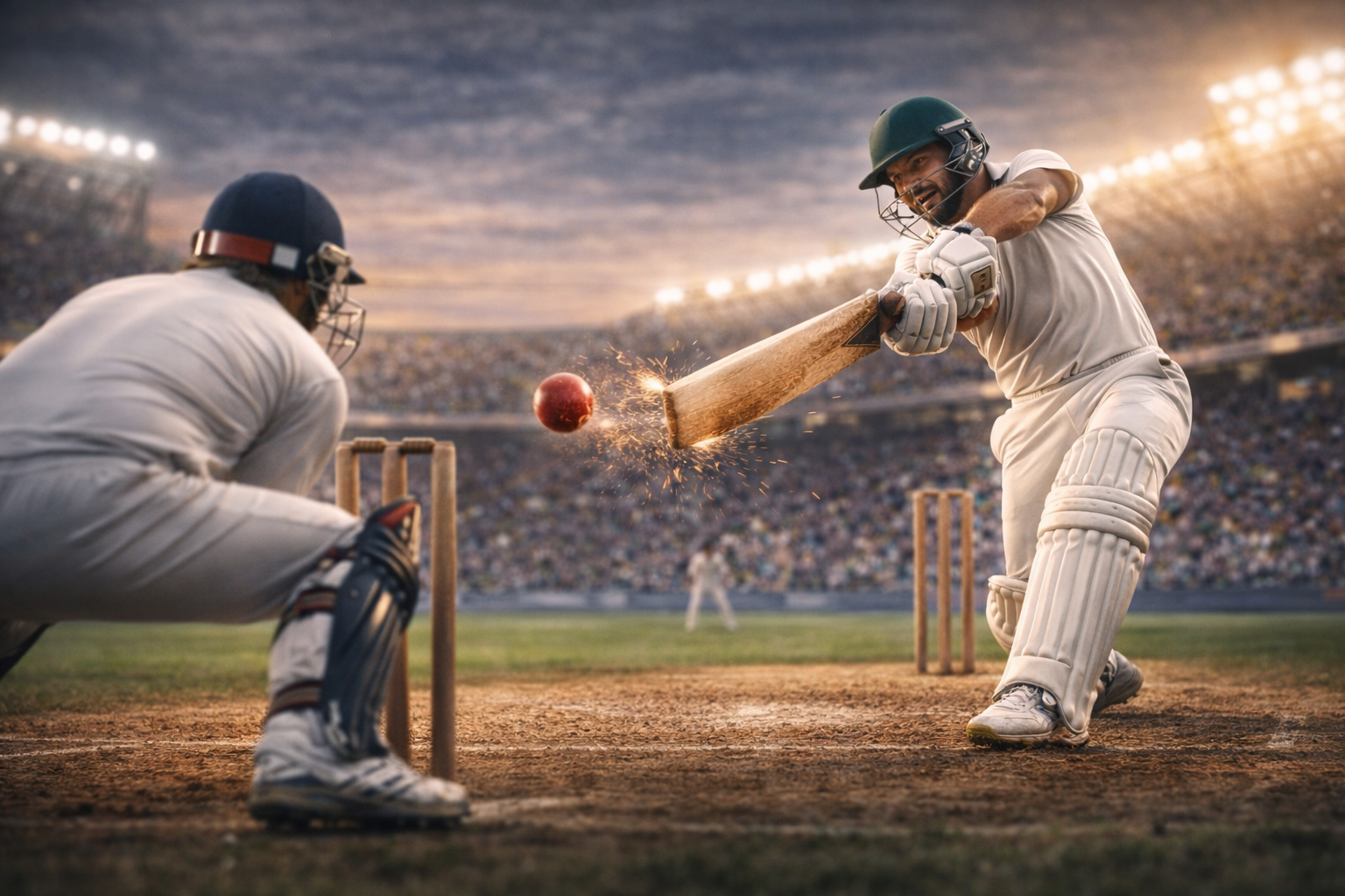 Cricket batter playing a controlled shot under stadium lights