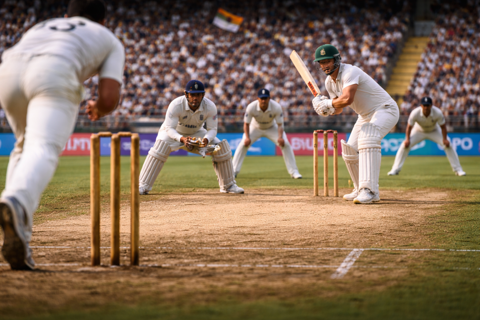 Cricket bowler delivering under floodlights with the pitch clearly visible