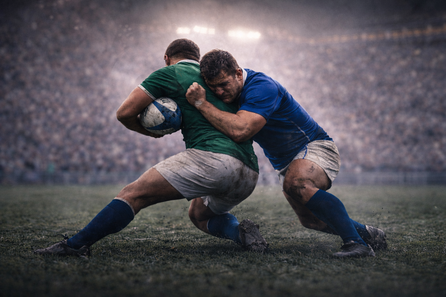 Rugby action under stadium lights
