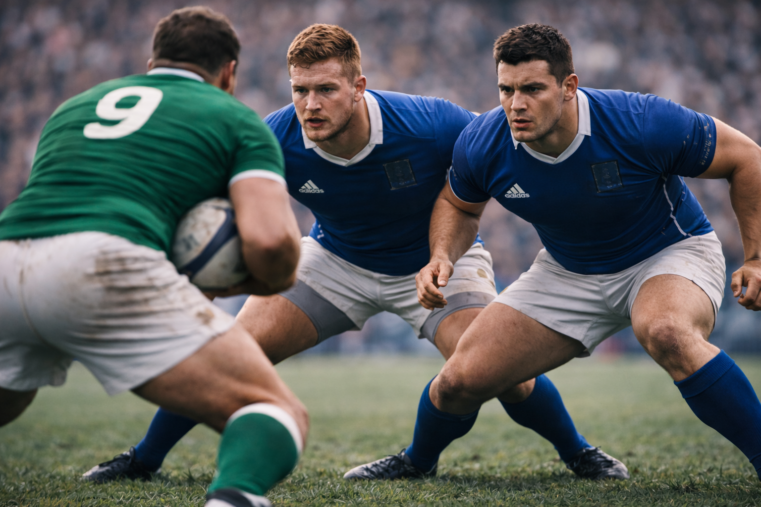 Two rugby defenders driving a dominant tackle